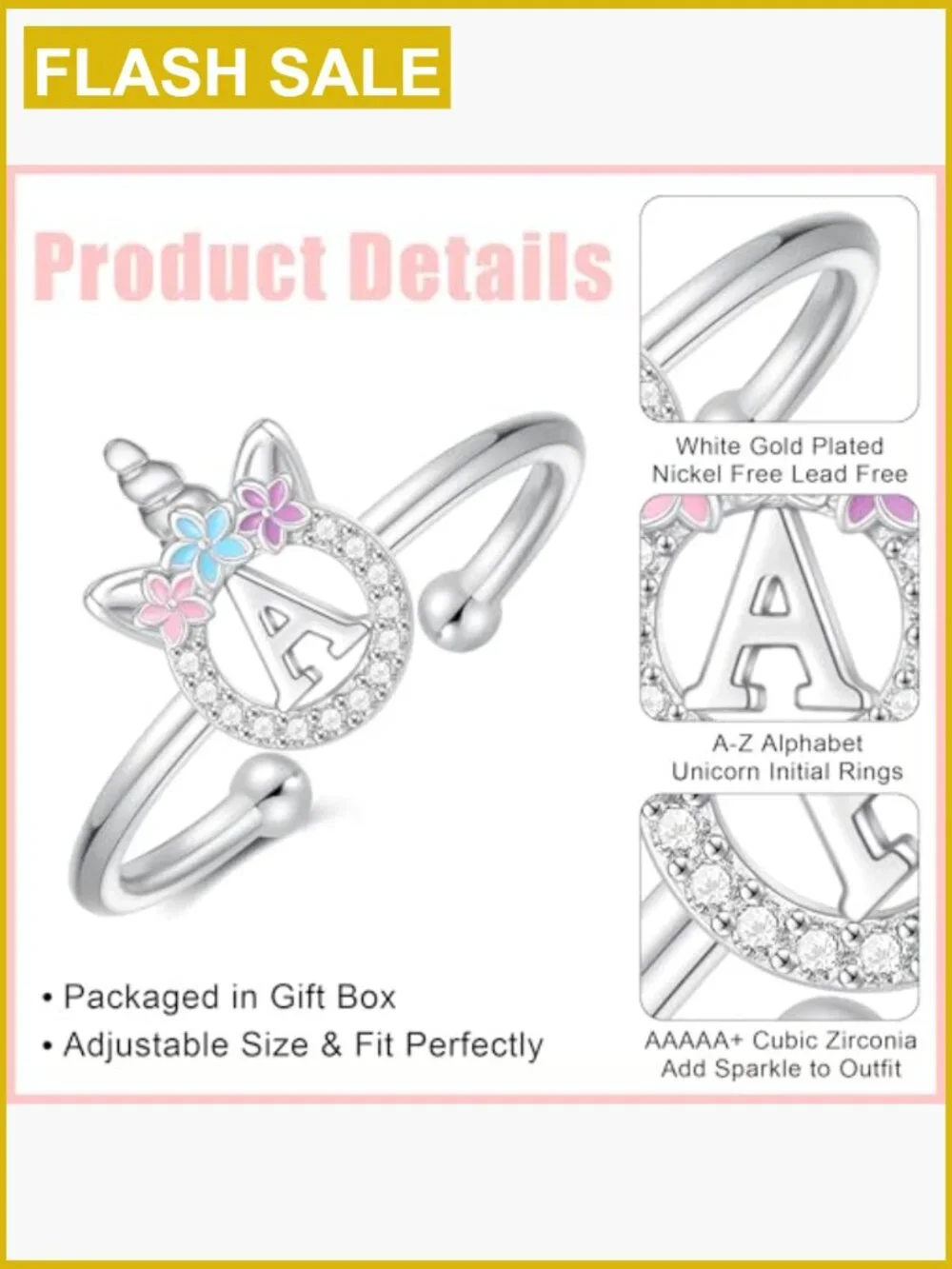 Adjustable Unicorn Initial Ring for Girls - Dainty Cute Zirconia Ring, Birthday